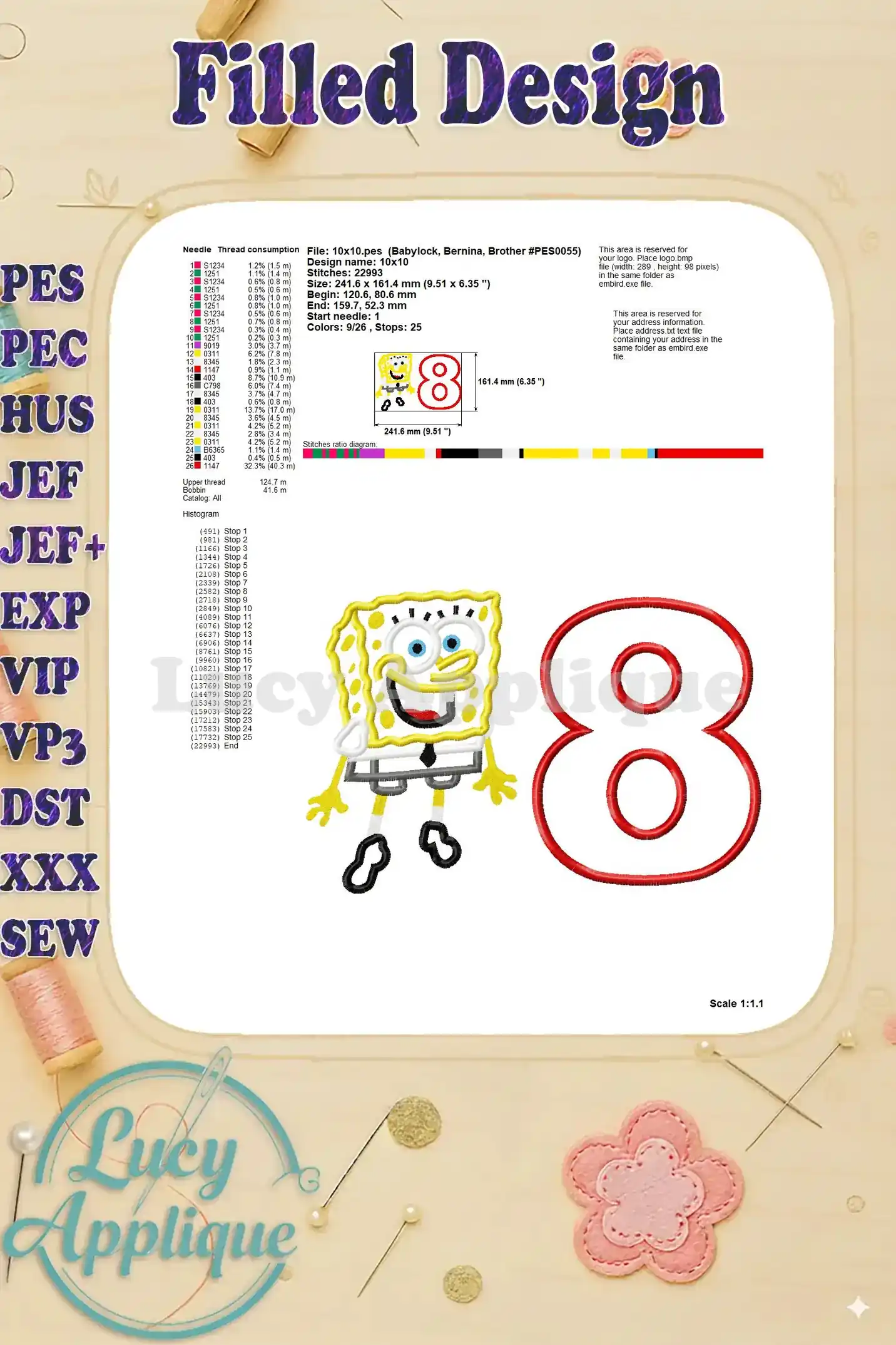 A filled design showing the complete embroidery design, highlighting stitch diagram, thread consumption, and other important details for the embroidery process.