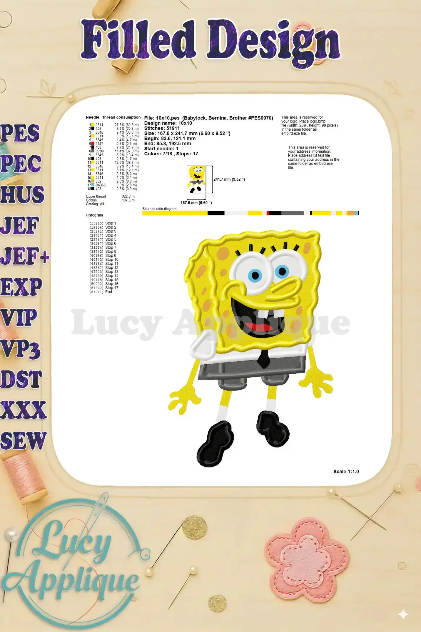 A detailed technical specification sheet for the SpongeBob embroidery design, including stitch count, size, and hooping information.