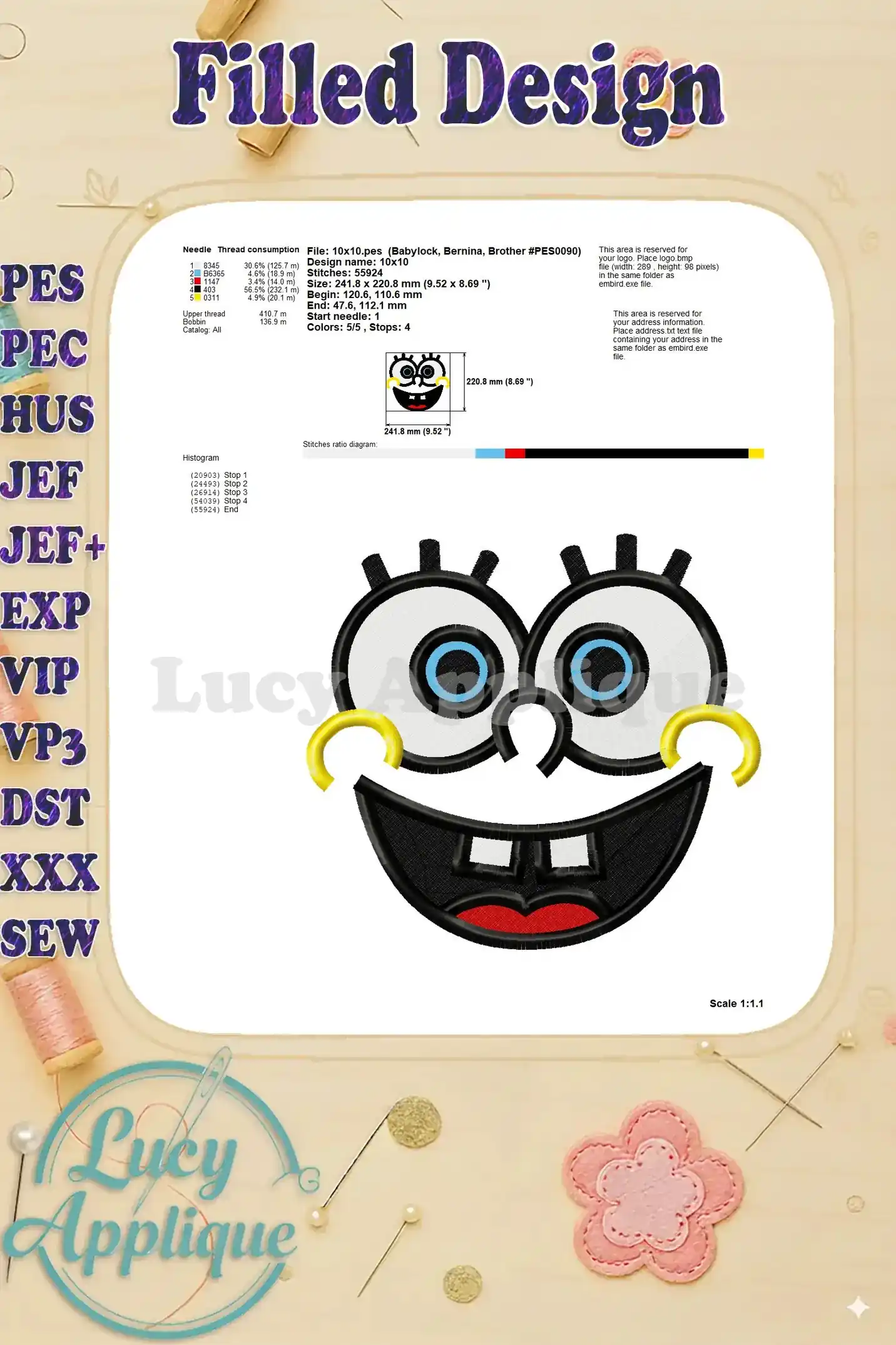 A comprehensive guide showing needle and thread consumption details for the Spongebob Squarepants machine embroidery design.