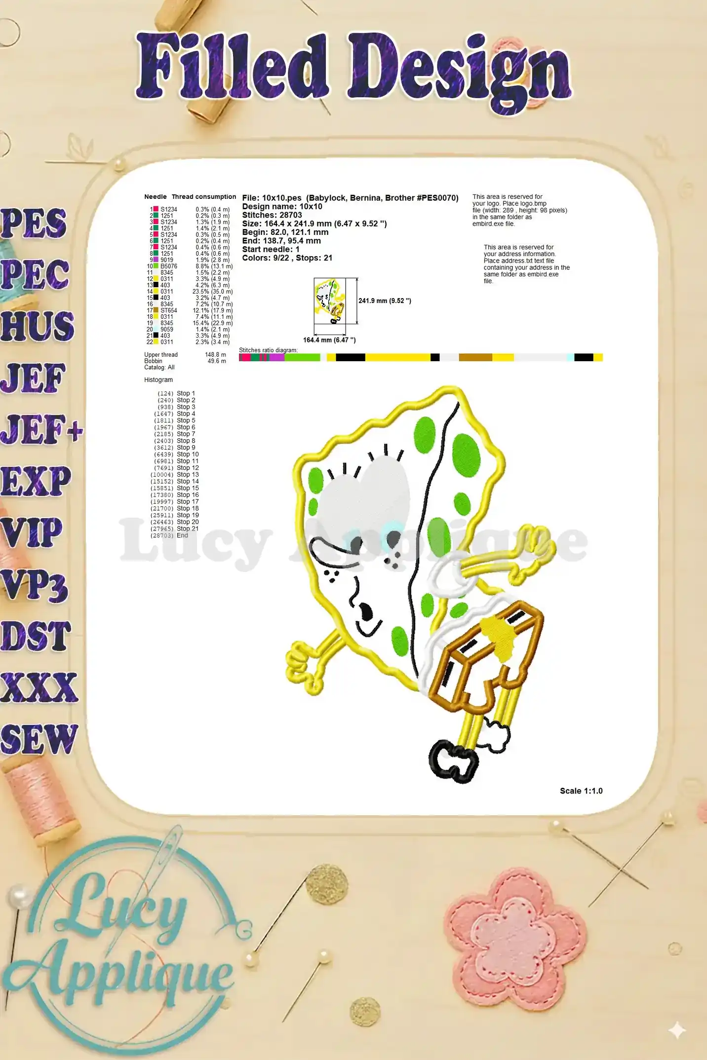 Filled design showing the completed SpongeBob SquarePants applique design with detailed stitching, color, and size information.