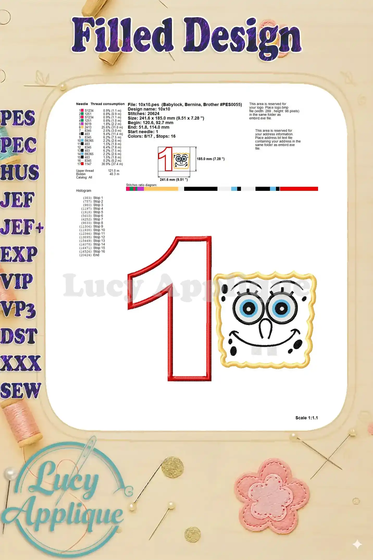 Detailed information on needle consumption, design size, and stitch count for the Spongebob Squarepants applique design.