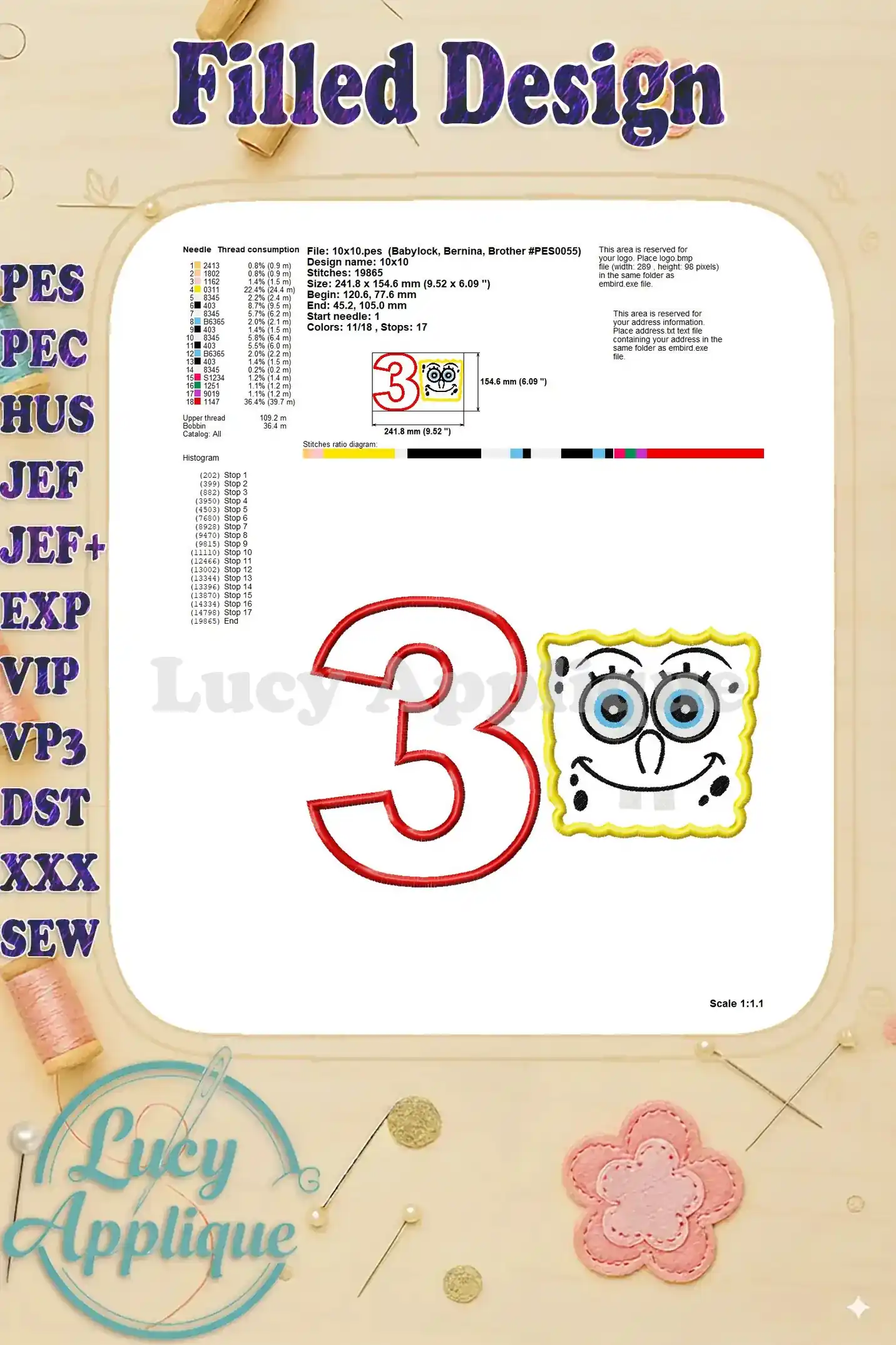 Detailed information about the filled design, including thread consumption, stitch count, and other helpful data.