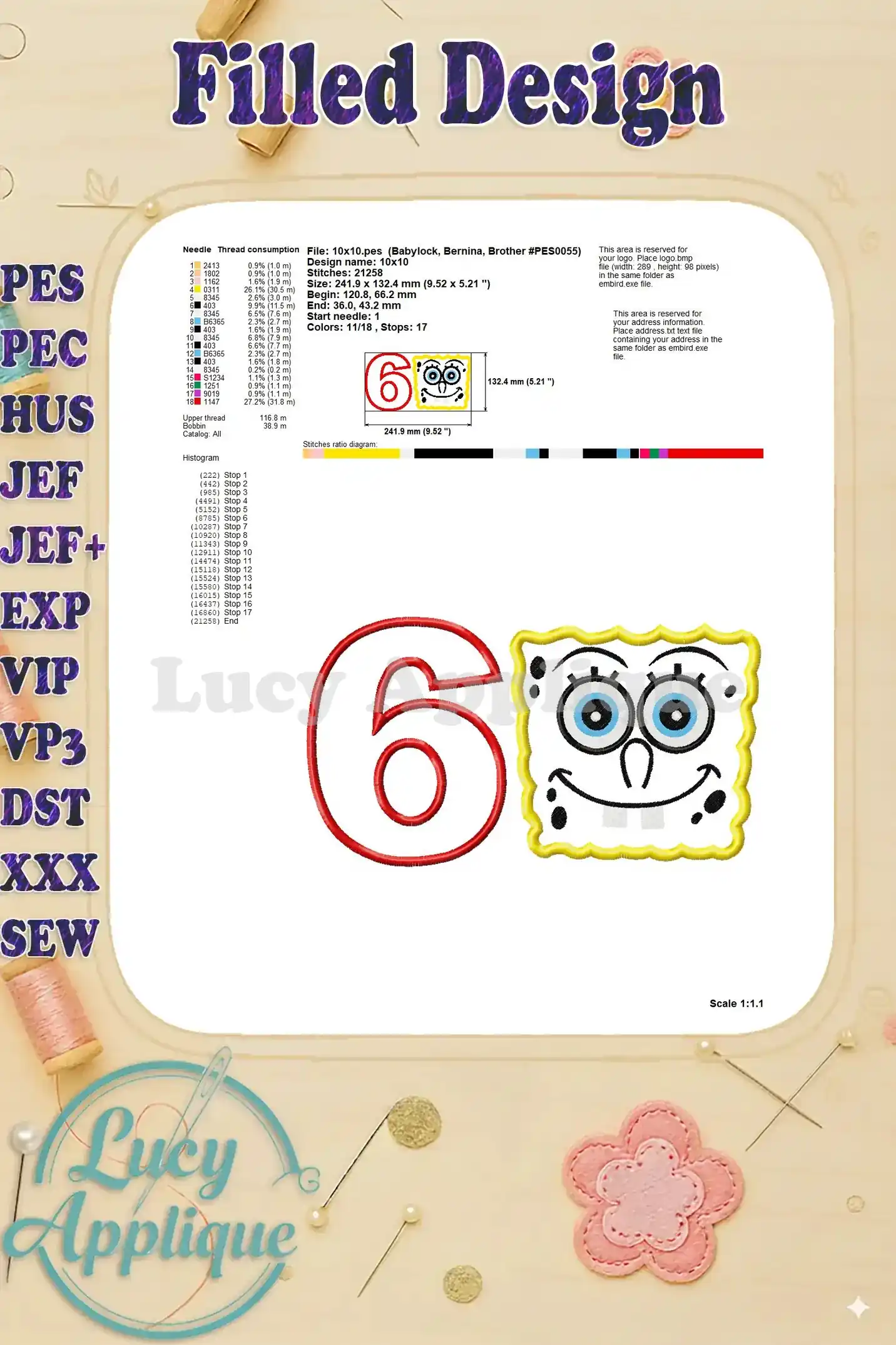 Needle thread consumption, design size, and other technical details for the Spongebob Squarepants applique design. This is a technical worksheet.