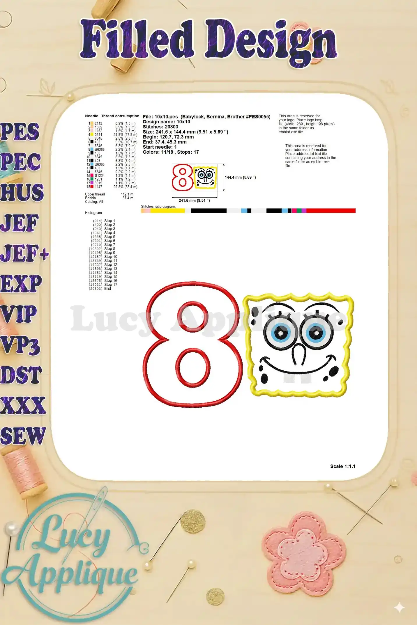 Filled design details for Spongebob Squarepants birthday number 8 applique, including thread consumption information and scale for embroidery.