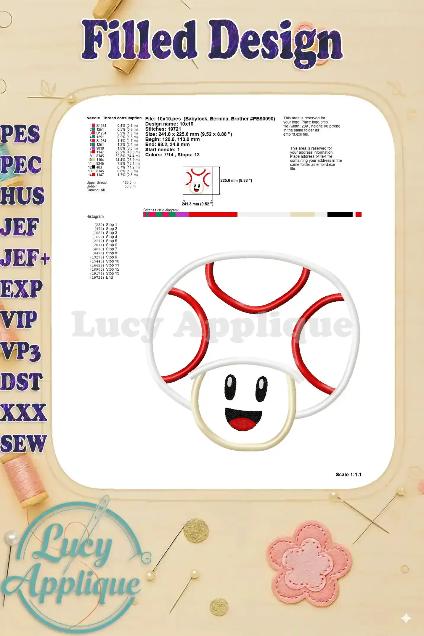 Detailed information for the filled design of Super Mario's Toad, including needle and thread consumption, stitch counts, and other essential details.