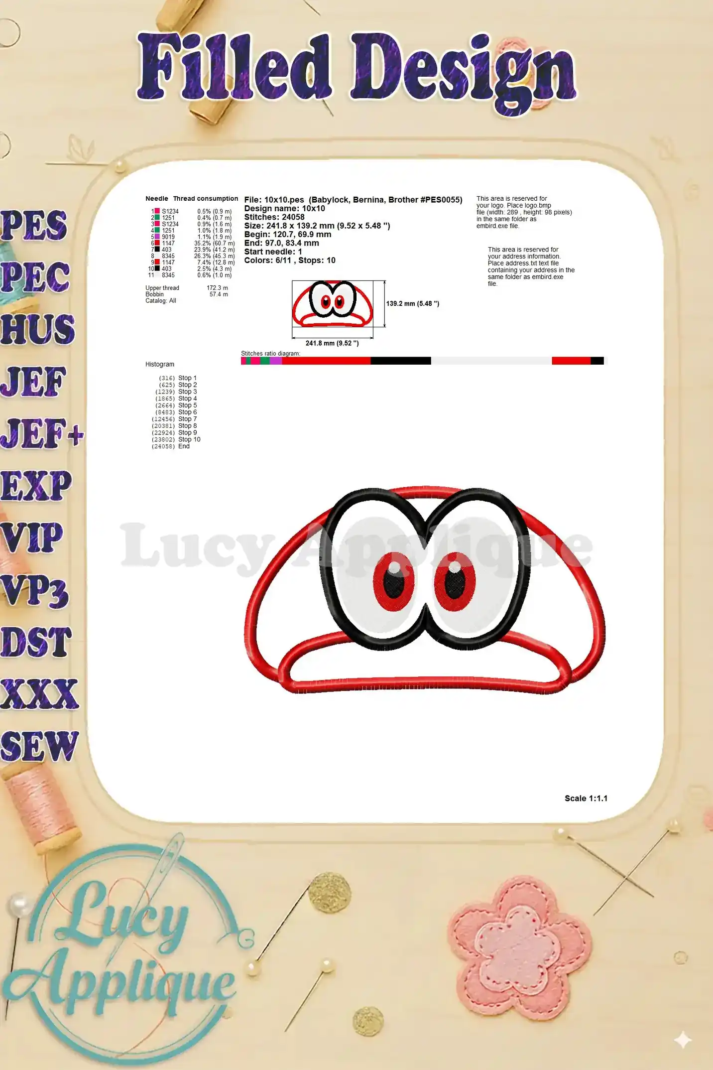 Detailed information about the Super Mario Odyssey hat applique embroidery design, including thread consumption and stitch count.