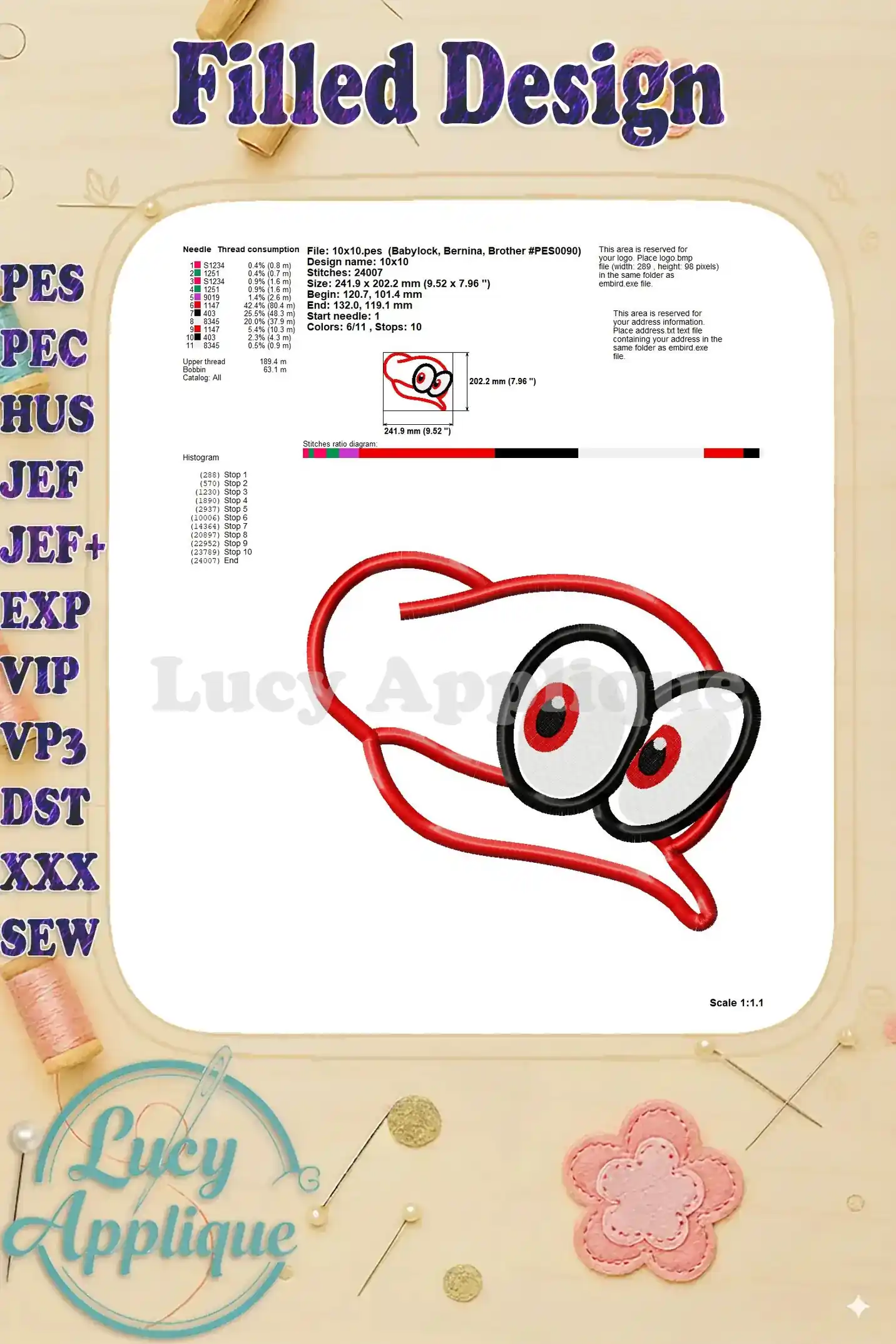 Detailed information about the filled design, including needle type, thread consumption, stitch diagram, and other relevant details for embroidery.