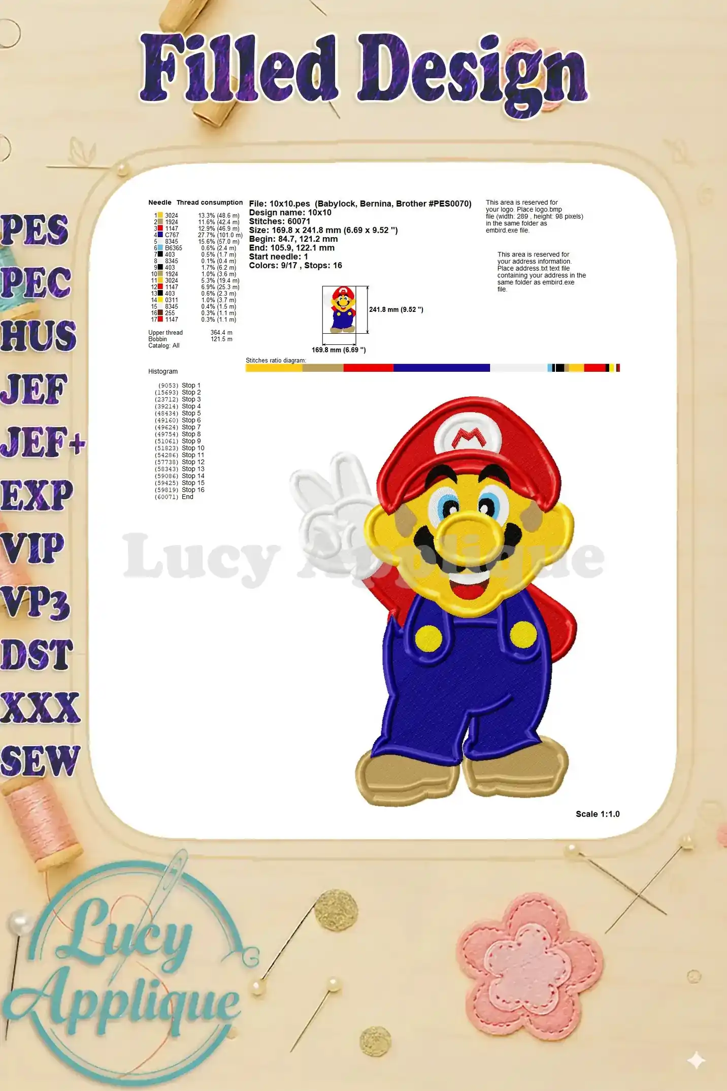 Needle thread consumption chart and design details for the Super Mario filled machine embroidery design, including dimensions and stitch count. Useful reference for embroiderers.