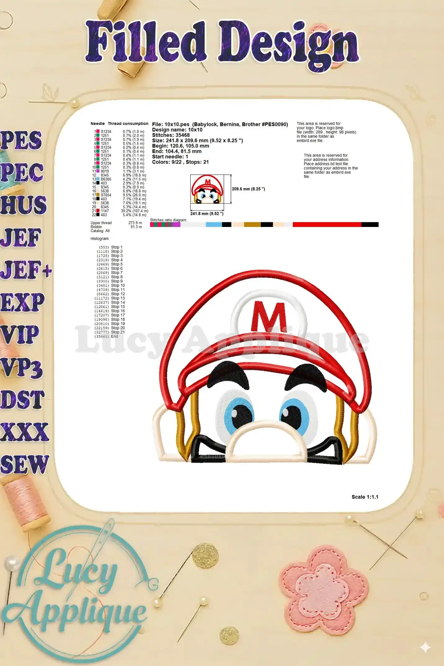 Detailed information about the filled design, including thread consumption, design dimensions, and other essential information.