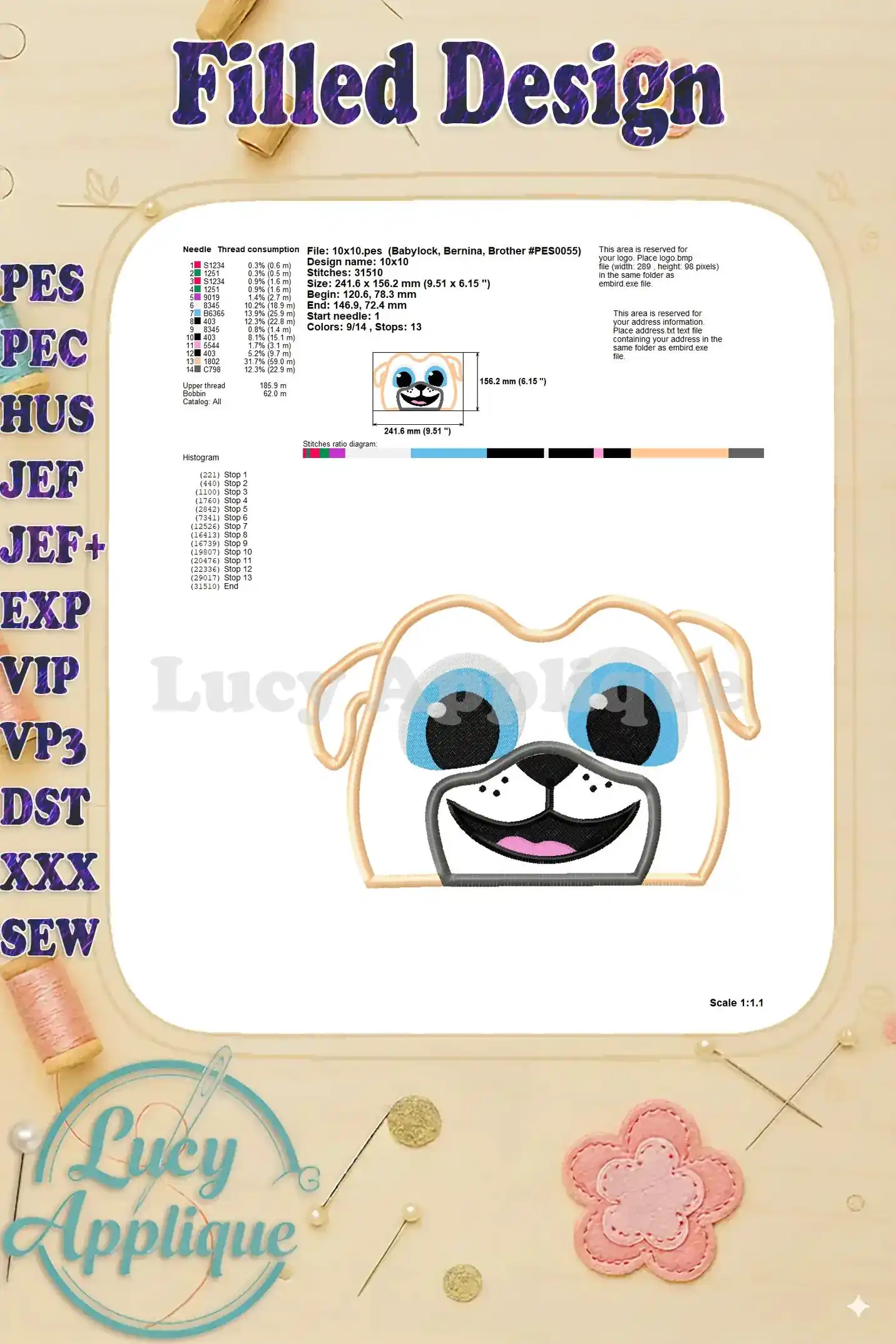 Detailed information on thread consumption, design size, and stitch count for the Rolly Puppy design.