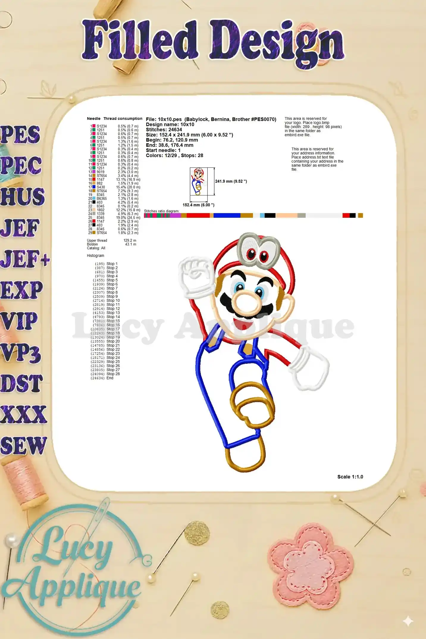 A detailed filled design chart for the Super Mario Odyssey applique embroidery design, including thread consumption details.