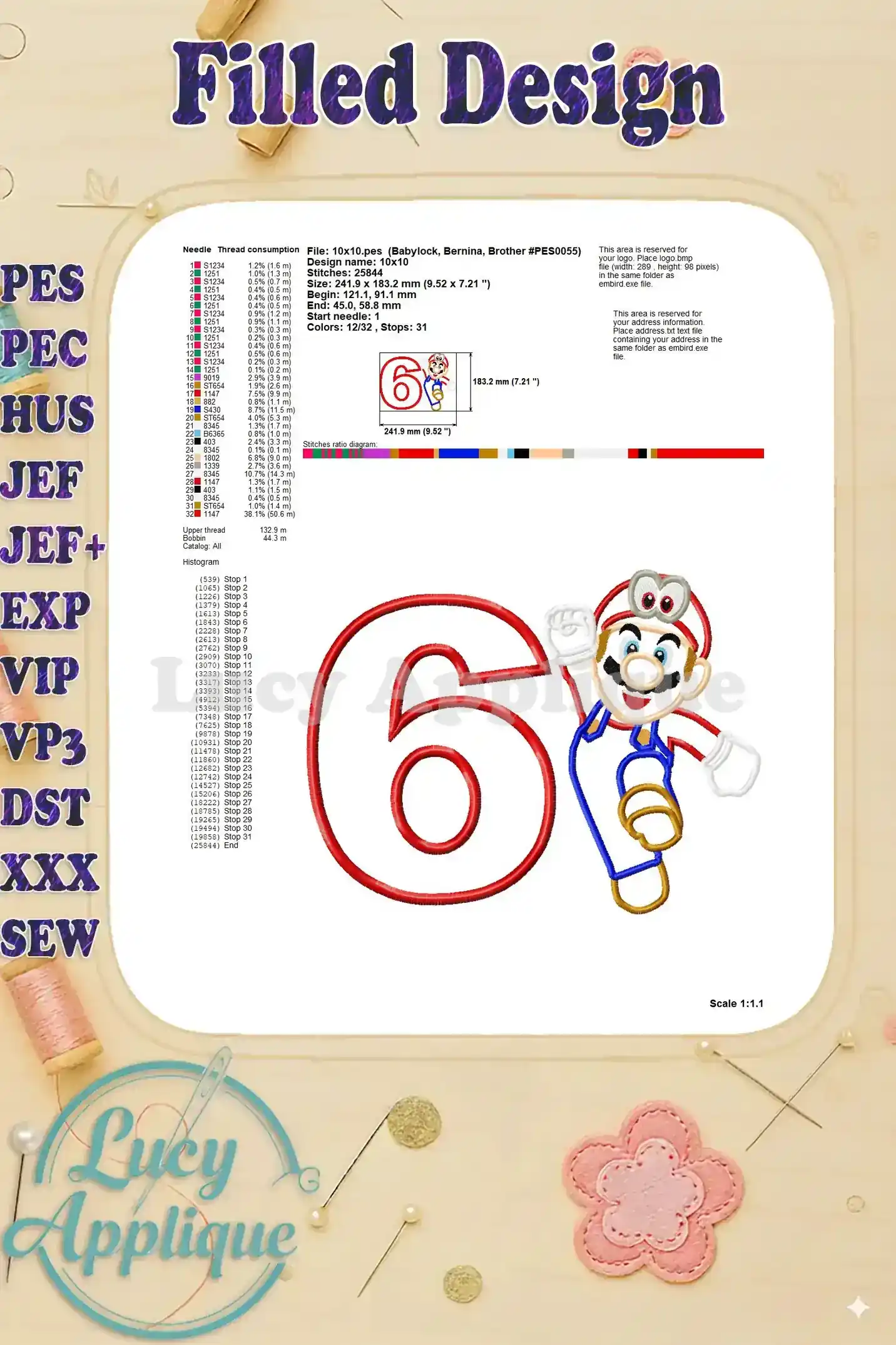 Detailed information on the filled design, including thread consumption, stitch counts, and other relevant details.