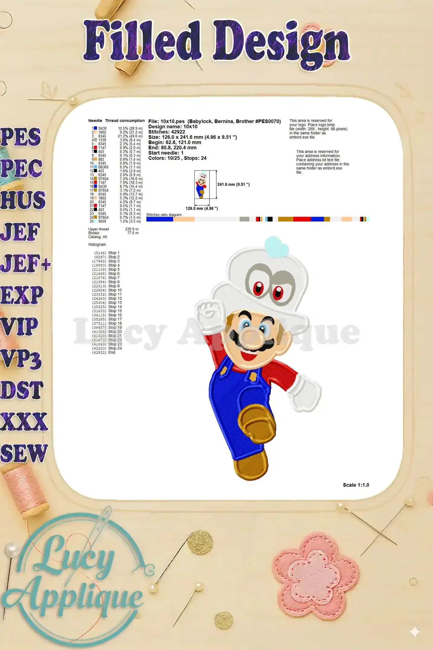 Needle and thread consumption chart for the Super Mario Odyssey embroidery design, providing details for different embroidery machine brands.