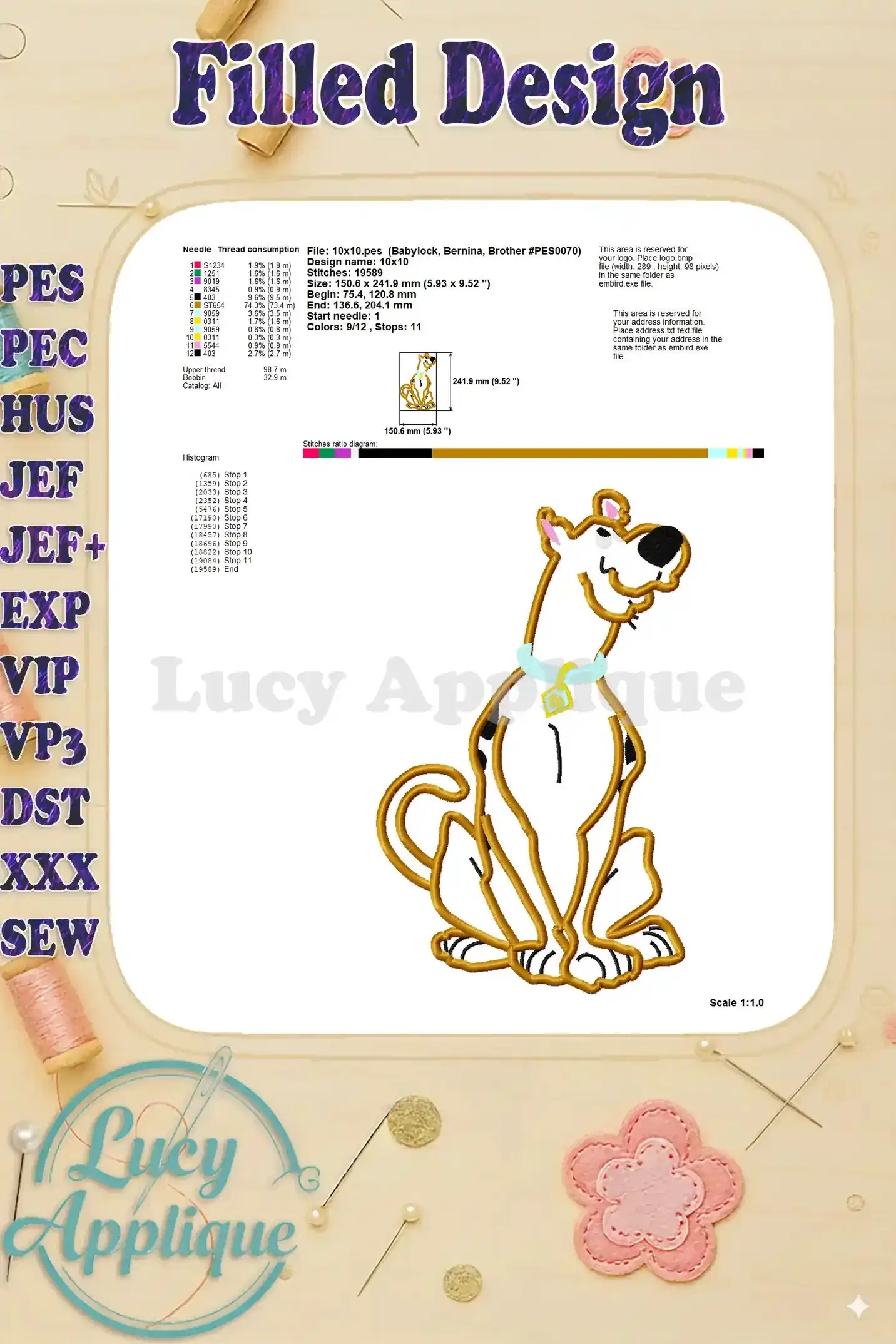 Detailed information about the filled Scooby Doo applique design, including stitch count, dimensions, and thread usage.