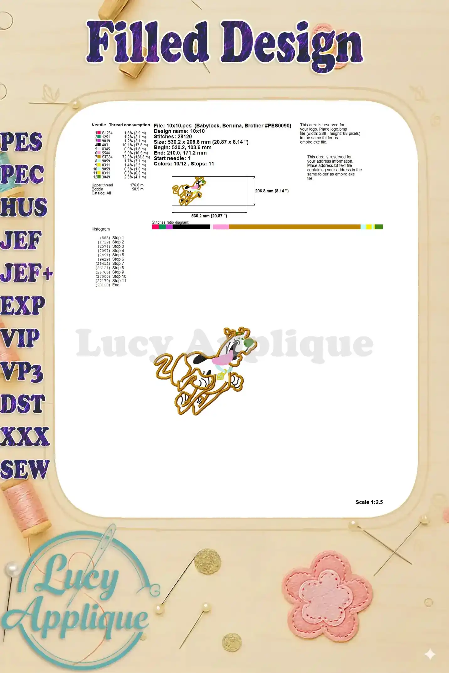Detailed information about the filled Scooby Doo applique design, including needle and thread information, stitch count, and design dimensions. Useful for planning the embroidery project.