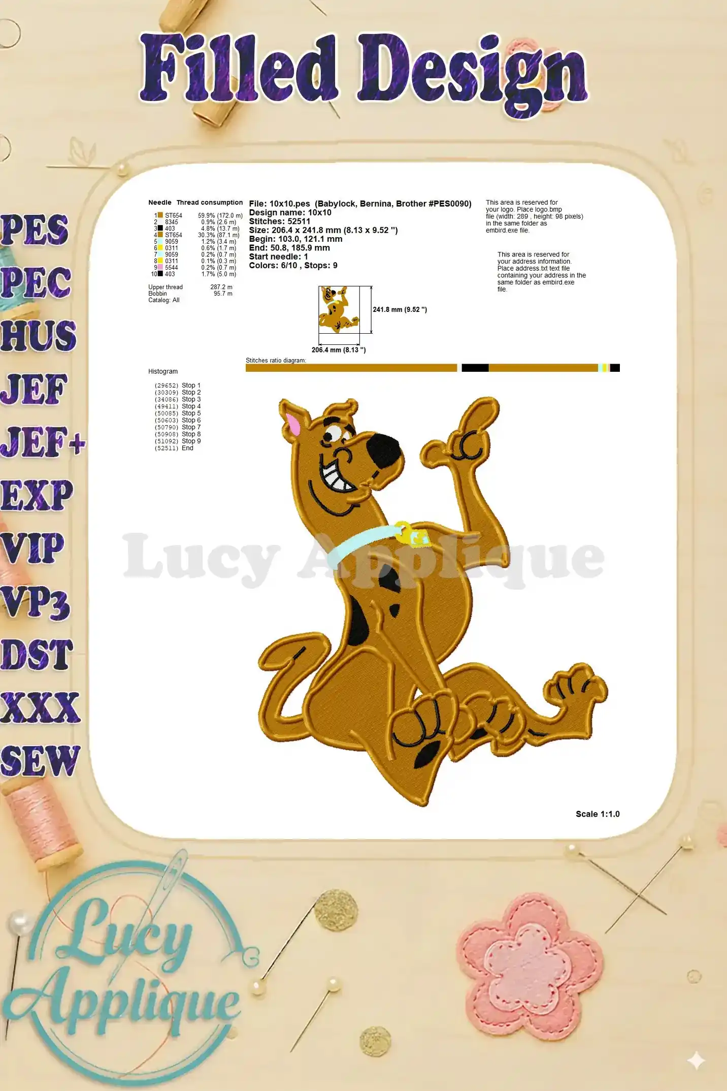 This image provides a detailed needle and thread consumption chart for the Scooby Doo embroidery design, along with other technical specifications and a scale.