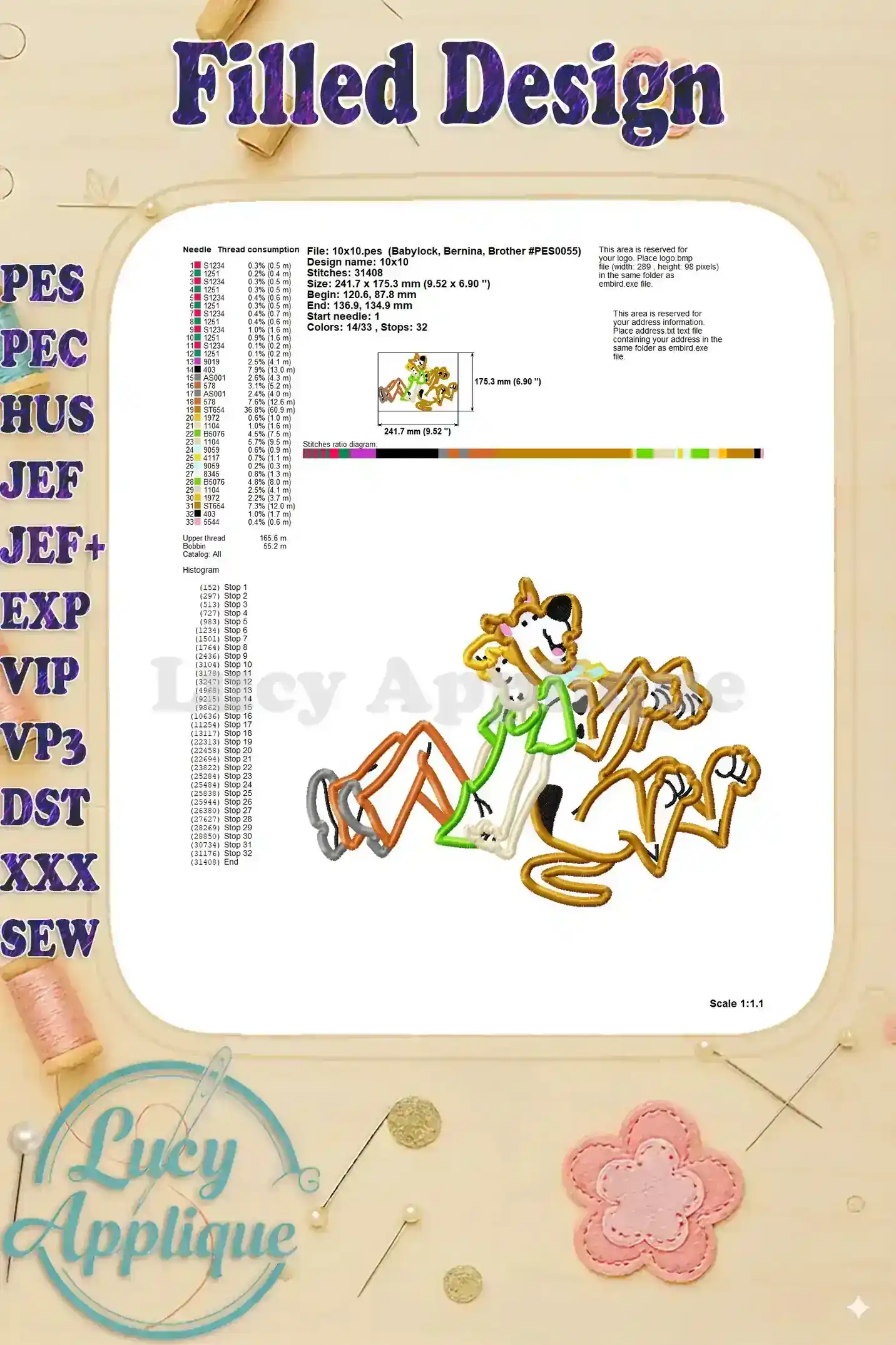 Detailed information for the filled design of Scooby Doo and Shaggy, including thread consumption, stitch details, and other relevant information.