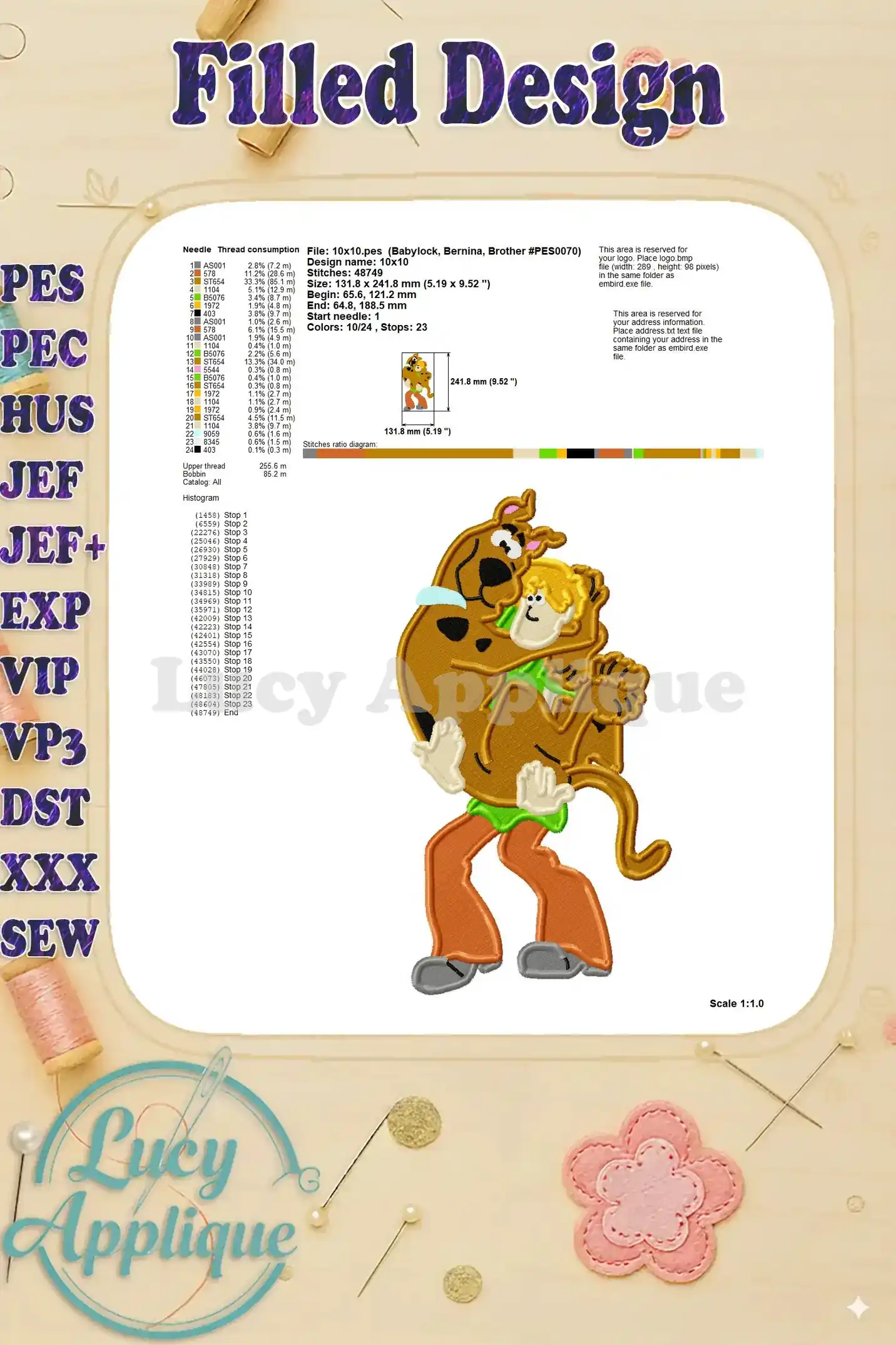 Technical specifications and detailed information of the embroidery design, including needle size, stitch density, and other relevant information.