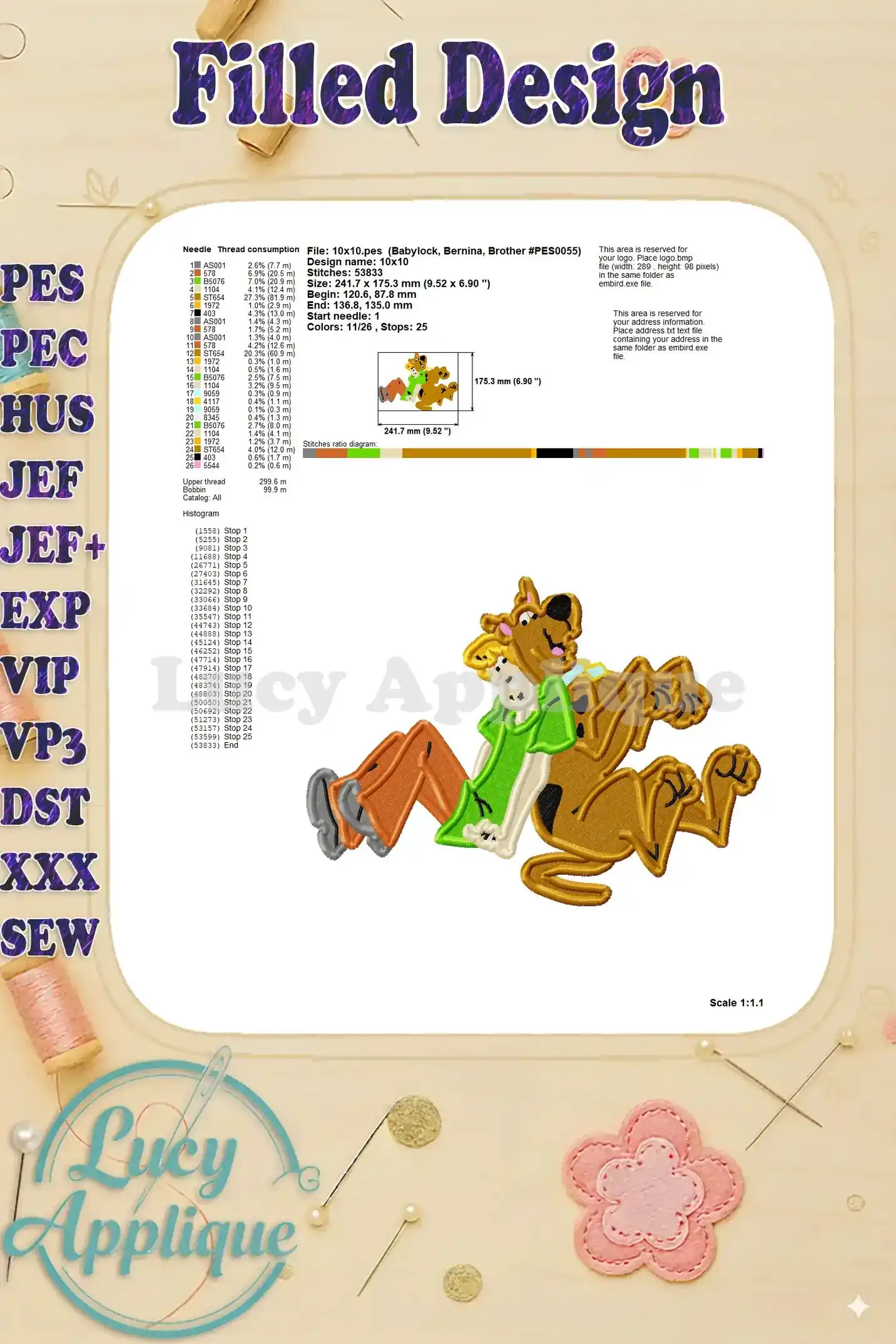 Needle and thread consumption details for the Scooby and Shaggy embroidery design, including hoop size and stitch count.