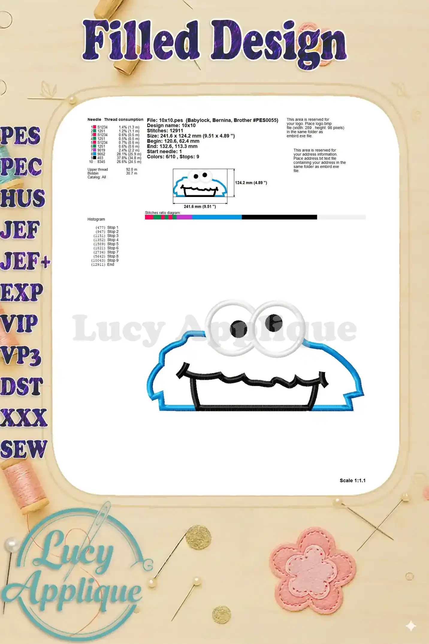 Additional filled design image, providing details such as needle and thread consumption. A useful reference for preparation.