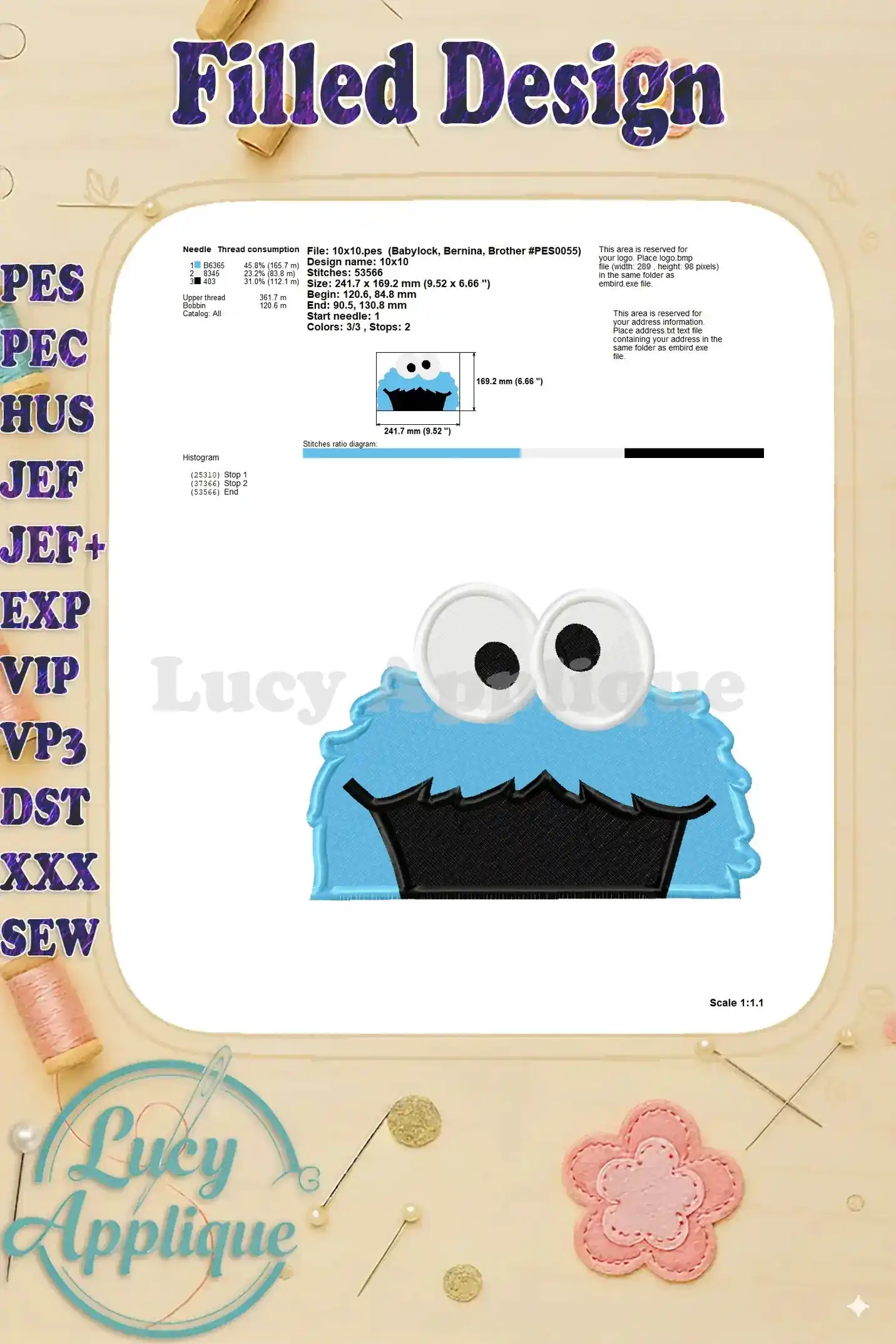 Detailed embroidery design specifications for Cookie Monster, including stitch counts, dimensions, and thread recommendations. Useful for preparation.