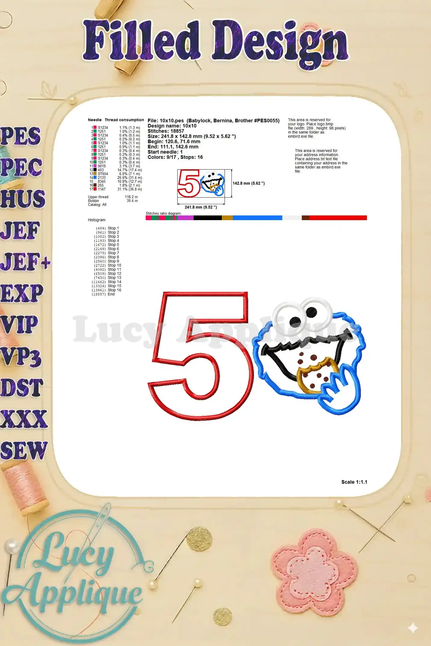 Detailed information about the filled Cookie Monster applique design, including stitch count, size, and thread consumption. Useful for planning the project.