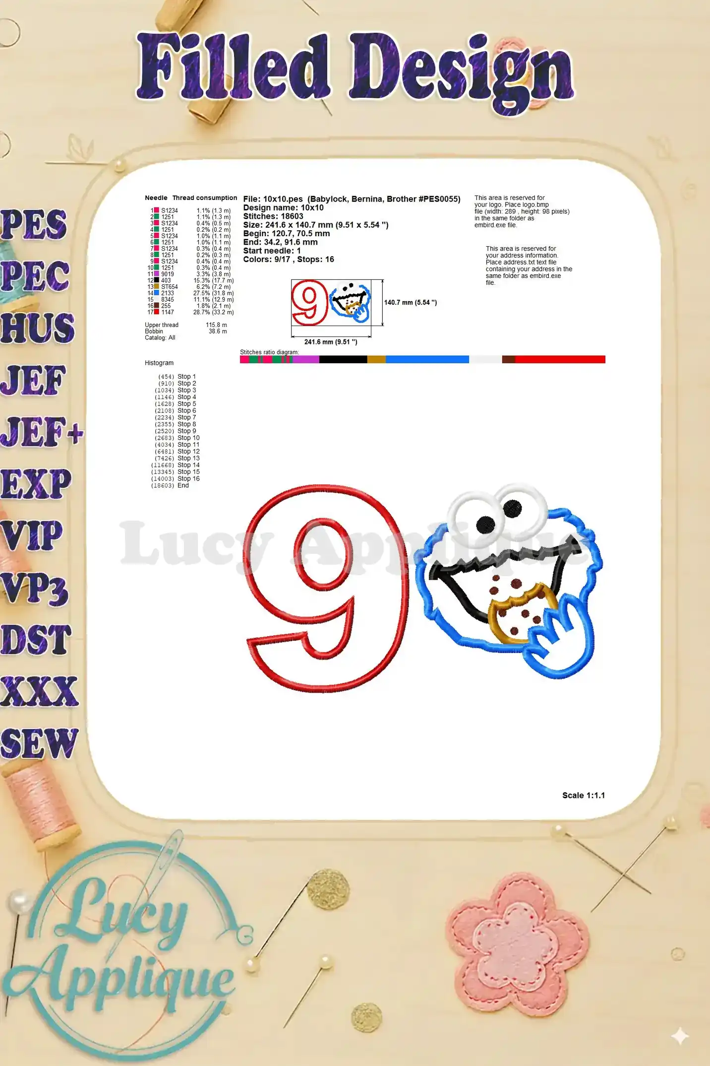 Detailed information about the filled design, including thread consumption, design size, stitch count, and other specifications.