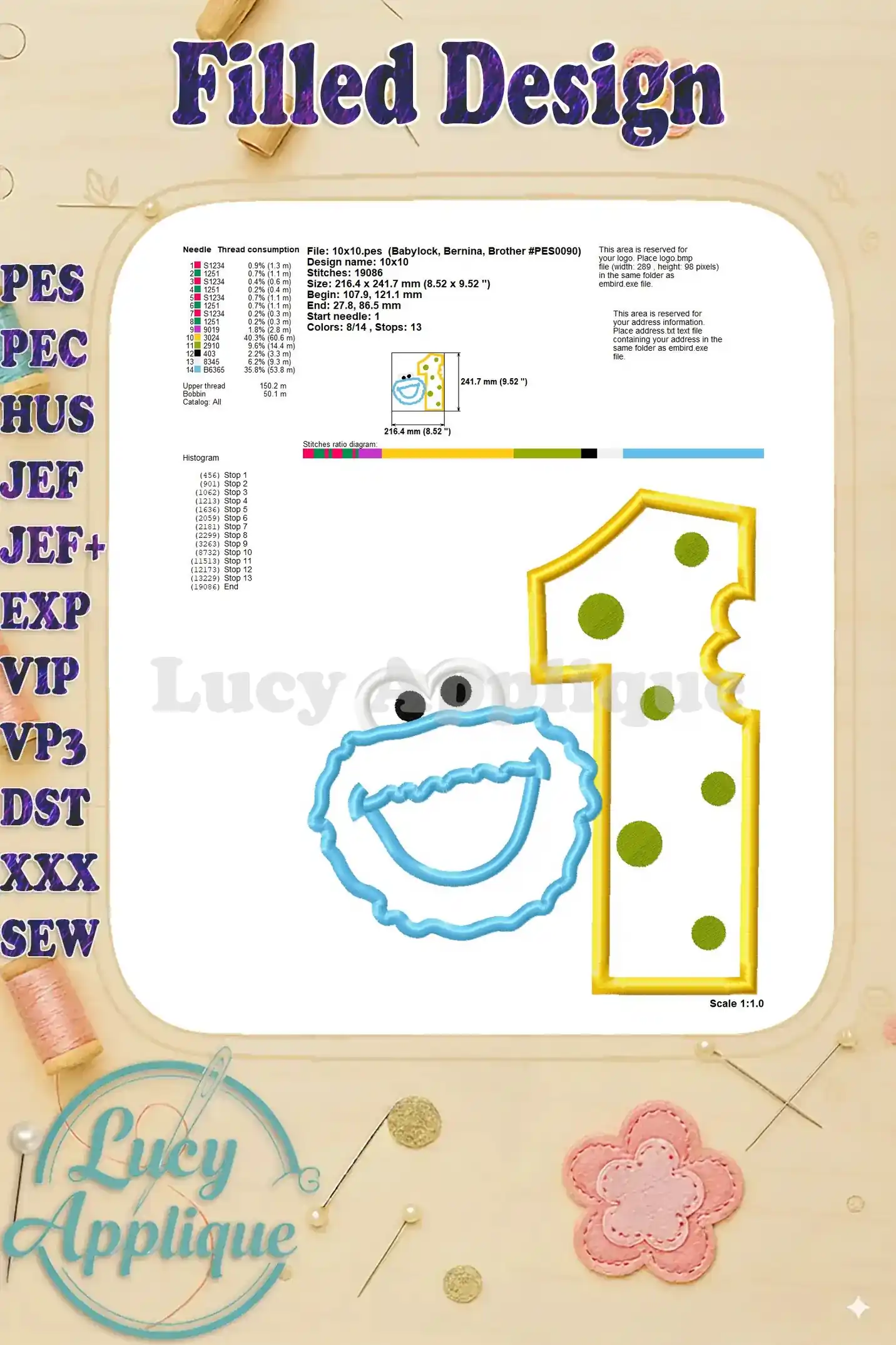 Detailed information about the filled design of the Cookie Monster 1st birthday applique, including needle and thread consumption details. Prep for your embroidery project!