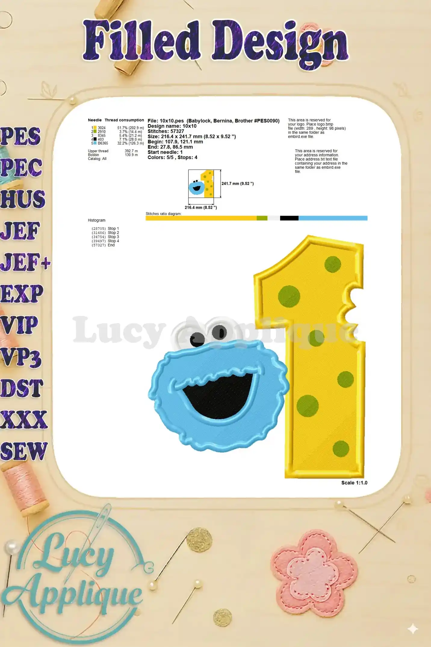 Detailed information on thread consumption, design dimensions, and needle size for the Cookie Monster embroidery project.