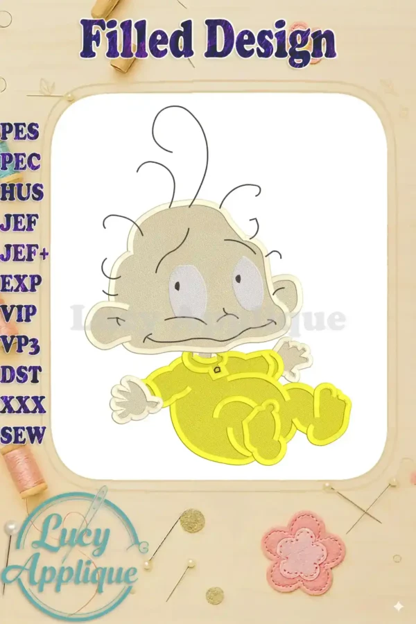 Adorable filled embroidery design of Dil Pickles from Rugrats, in a yellow onesie. Perfect for baby projects!