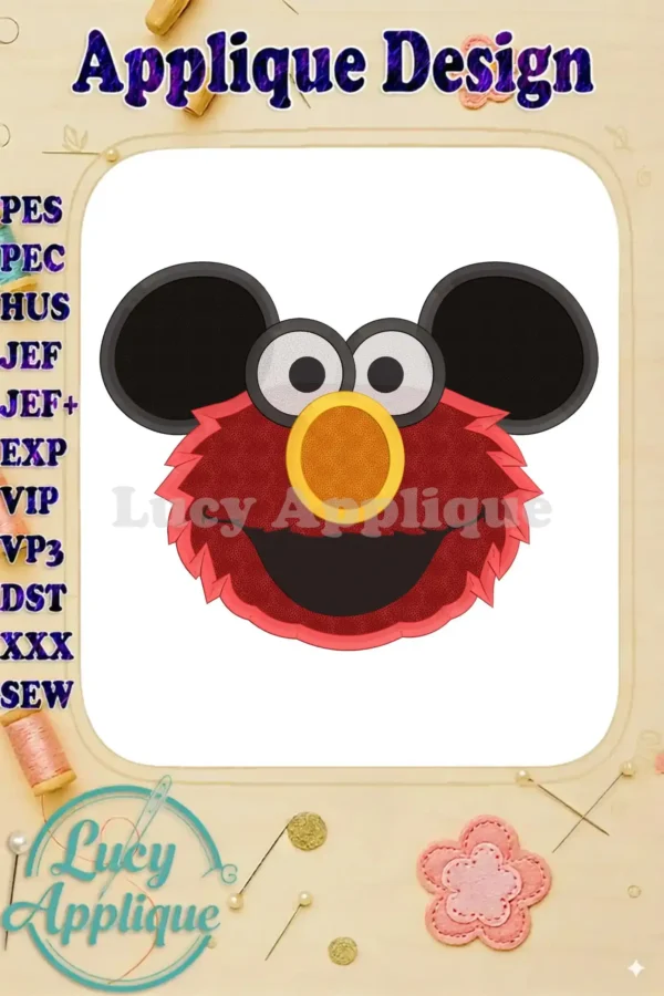 Main image showcasing an applique design of Elmo with Mickey Mouse ears, combining the characters in a unique and playful way. The design is presented on a white background, ready for embroidery.
