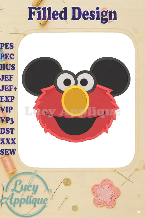 Embroidery design featuring Elmo with Mickey Mouse ears, in filled red and yellow stitching. A playful and unique design, perfect for adding a whimsical touch to kids' clothes or accessories.