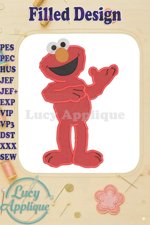 Embroidery design of Elmo from Sesame Street, ready to be stitched. The design is a filled design, showing Elmo waving. This is a high-quality image.