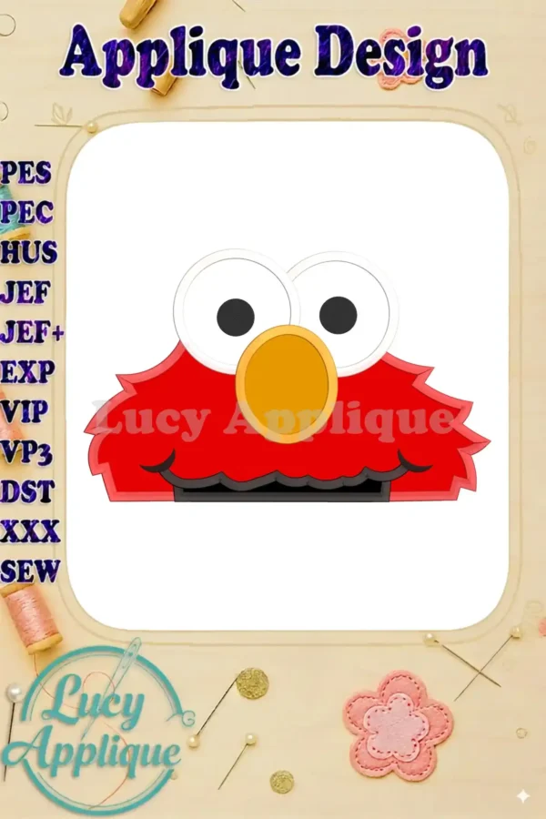 Embroidery design of Elmo's head as an applique. The design is shown on a white background with a design worksheet border. Perfect for adding to children's clothing or accessories.