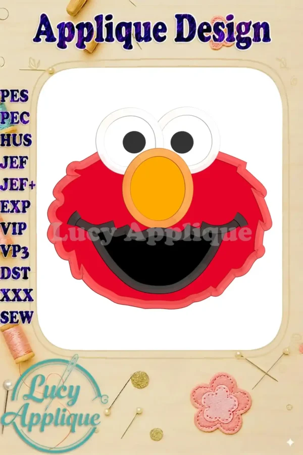 Elmo applique embroidery design. This image showcases a detailed, layered design of Elmo's face, ready for stitching. Includes various file formats.
