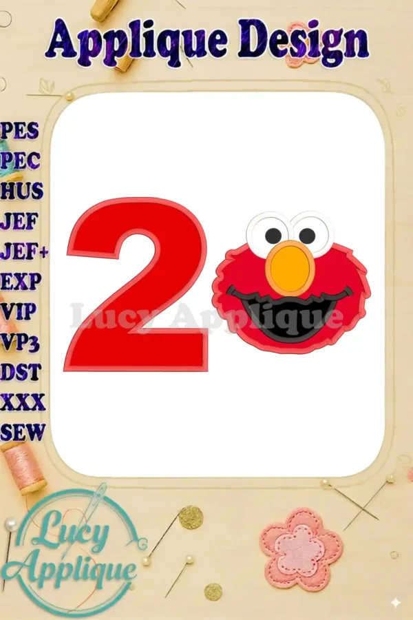 Embroidery design featuring Elmo from Sesame Street and the number 2, perfect for a 2nd birthday celebration. The applique design is shown in red, against a white background.