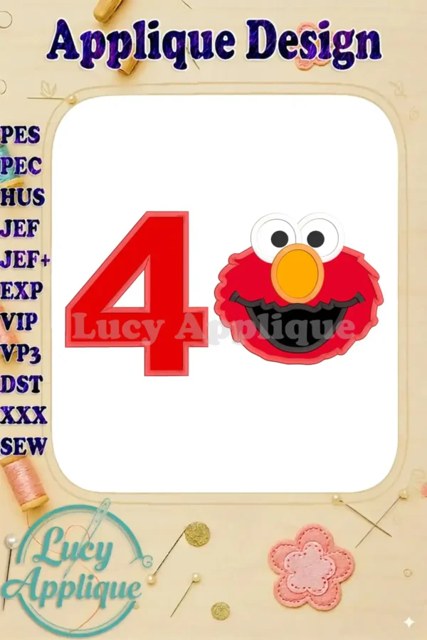 Embroidery design featuring Elmo's face and the number 4, perfect for a 4th birthday. The design is an applique, suitable for various fabrics.