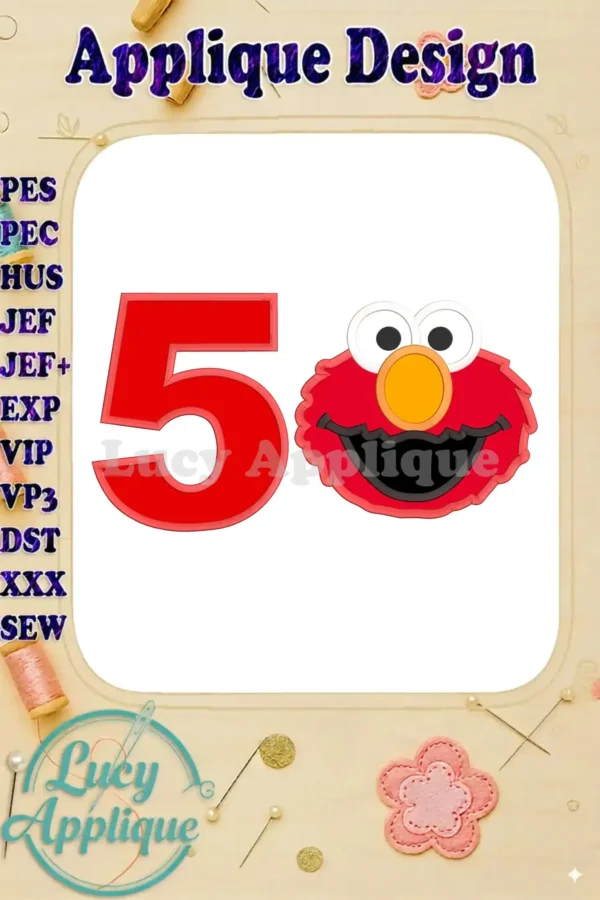 Embroidery design featuring Elmo from Sesame Street and the number 5, perfect for a 5th birthday celebration. The design is an applique, suitable for various fabrics and projects.