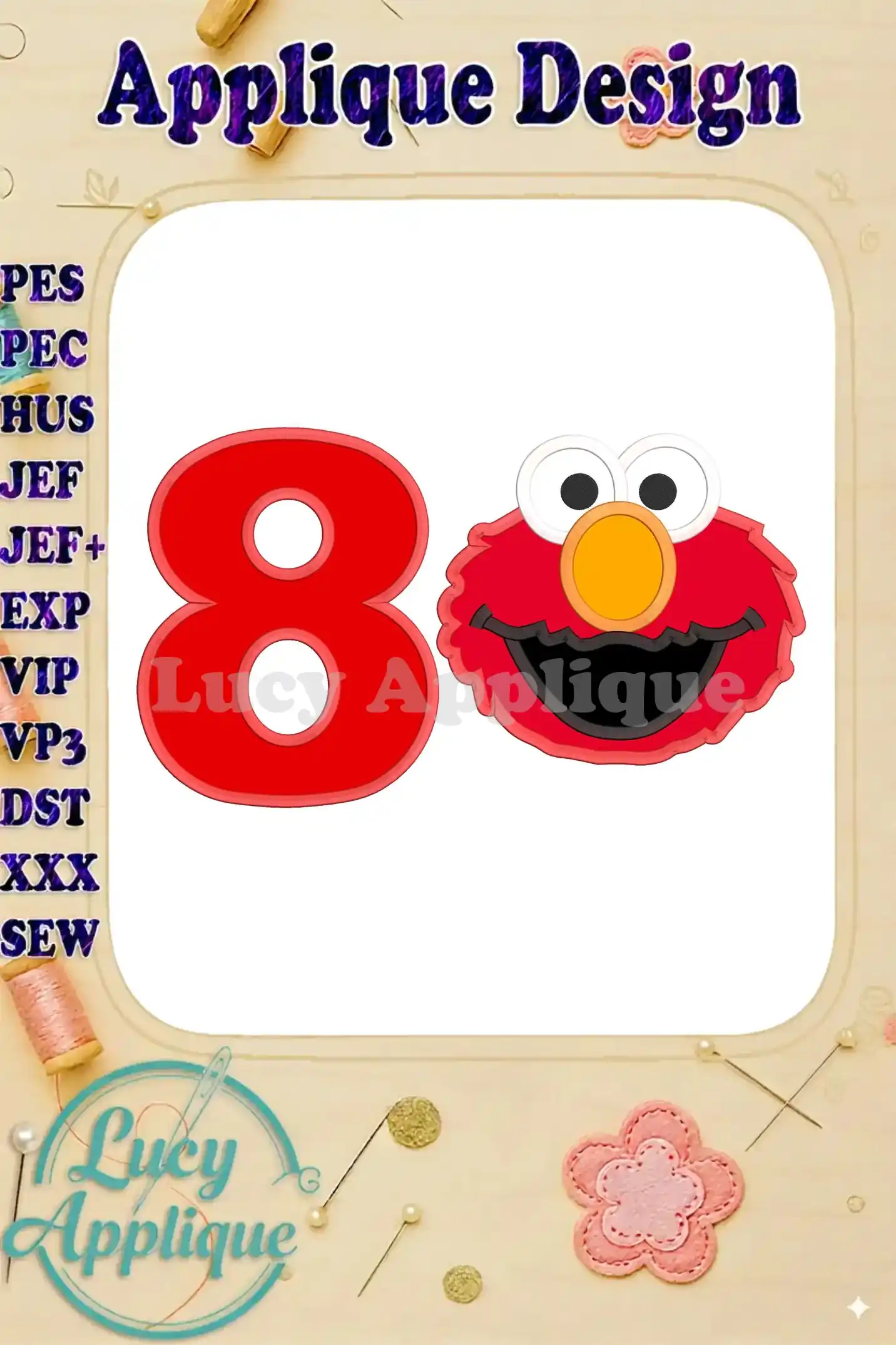 Embroidery design featuring Elmo's head and the number 8, perfect for an 8th birthday celebration. Includes various file formats for different embroidery machines.