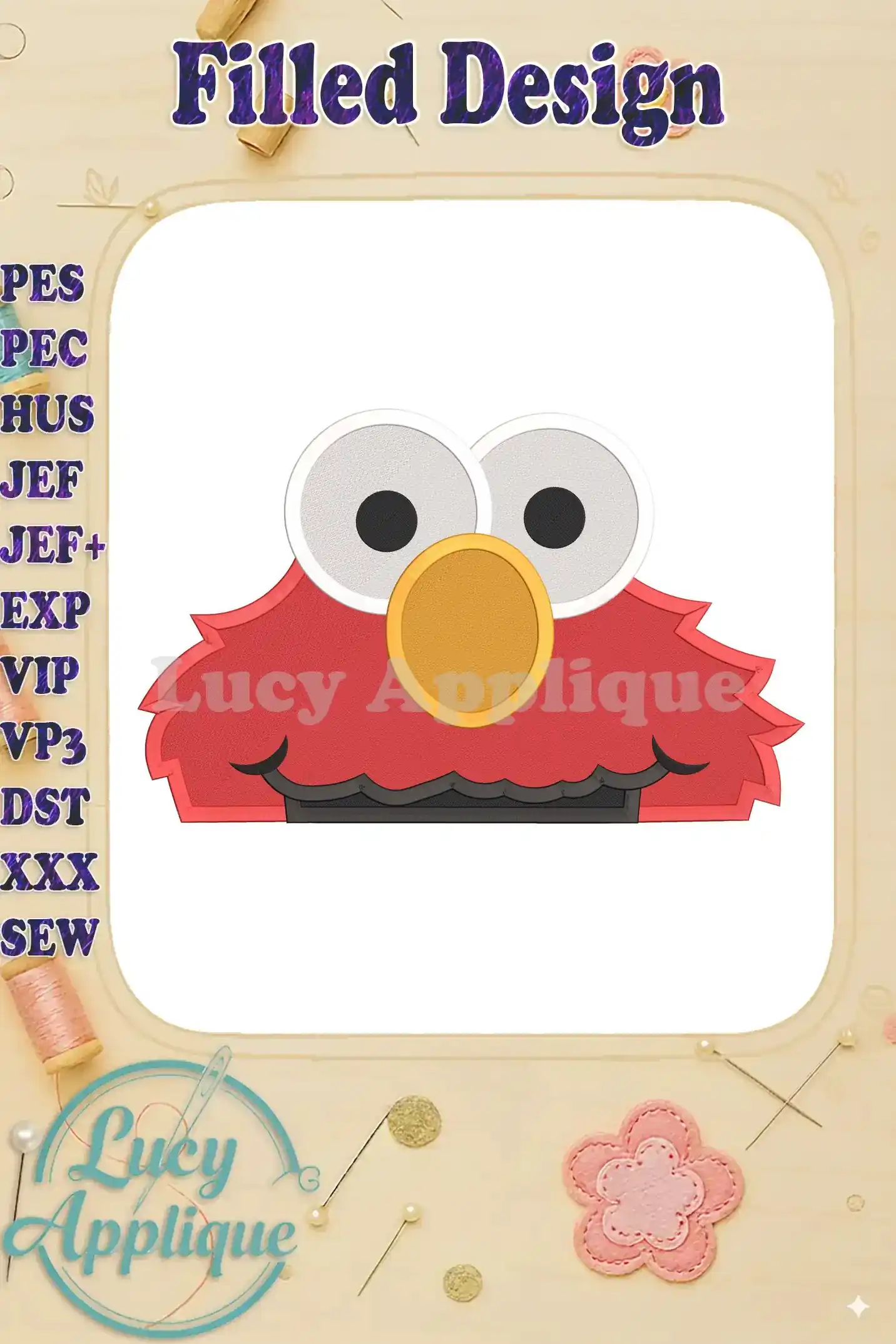 Embroidery design of Elmo's head, filled with vibrant red and other colors. The design is shown on a white background with a decorative border. Suitable for various embroidery machines.