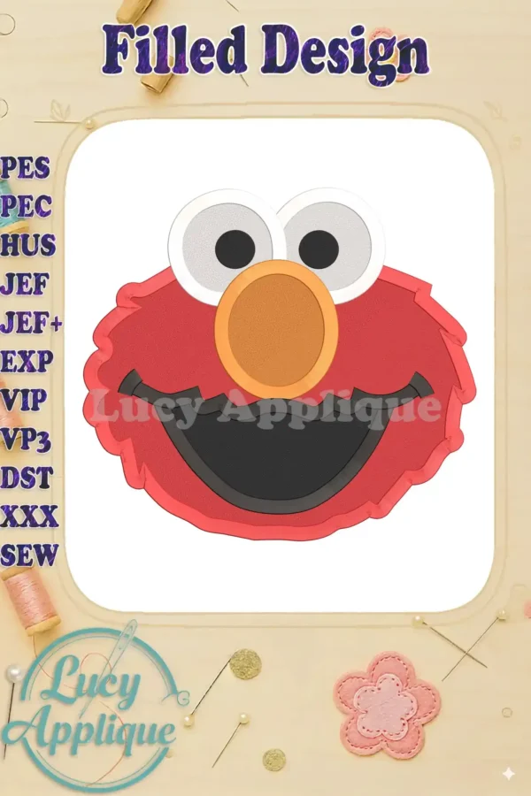 Embroidery design of Elmo's face, showcasing vibrant red fur, iconic features, and detailed stitching. Perfect for adding a fun touch to any project.