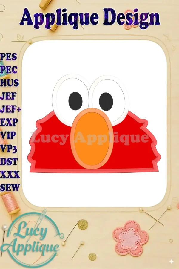 Elmo Sesame Street applique embroidery design. The main image shows a red Elmo head with orange nose and white eyes. The design is presented on a white background with design file format options listed.
