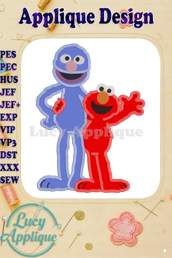 Embroidery design featuring Elmo and Grover from Sesame Street. The applique design shows Elmo and Grover standing side-by-side, ready to be stitched.