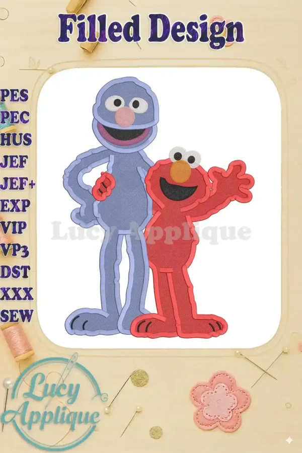 Embroidery design of Elmo and Grover from Sesame Street. They are standing side by side, Elmo is red, and Grover is purple. The design is filled and ready to stitch.