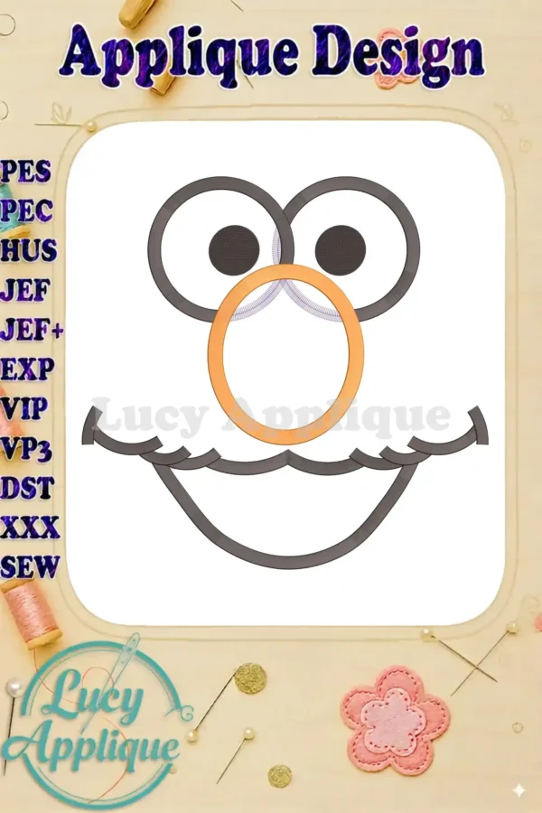 Applique design of Cookie Monster's face. Simple, charming design, perfect for beginners. Includes various file formats for different machines.
