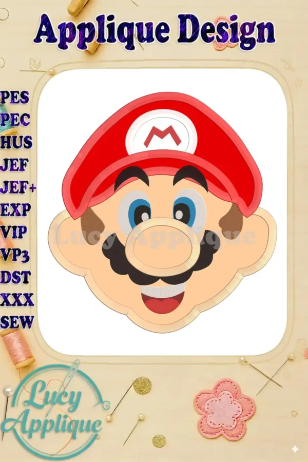 Super Mario applique embroidery design, showcasing a cheerful, cartoon-style face. The design is ready to be stitched onto various fabrics.