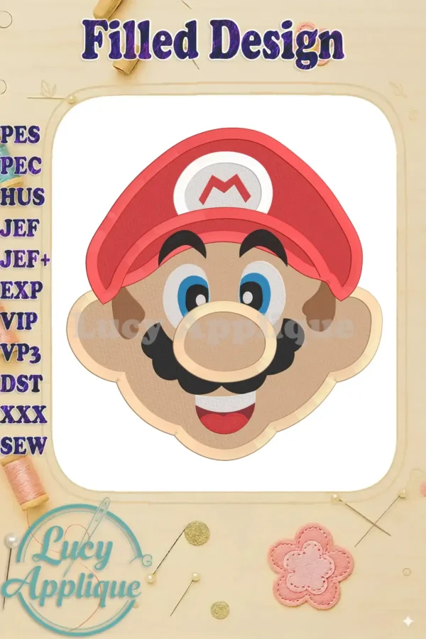 Embroidered Super Mario face design in vibrant colors, showcasing filled stitches for a smooth finish. Perfect for apparel, bags, or home decor.