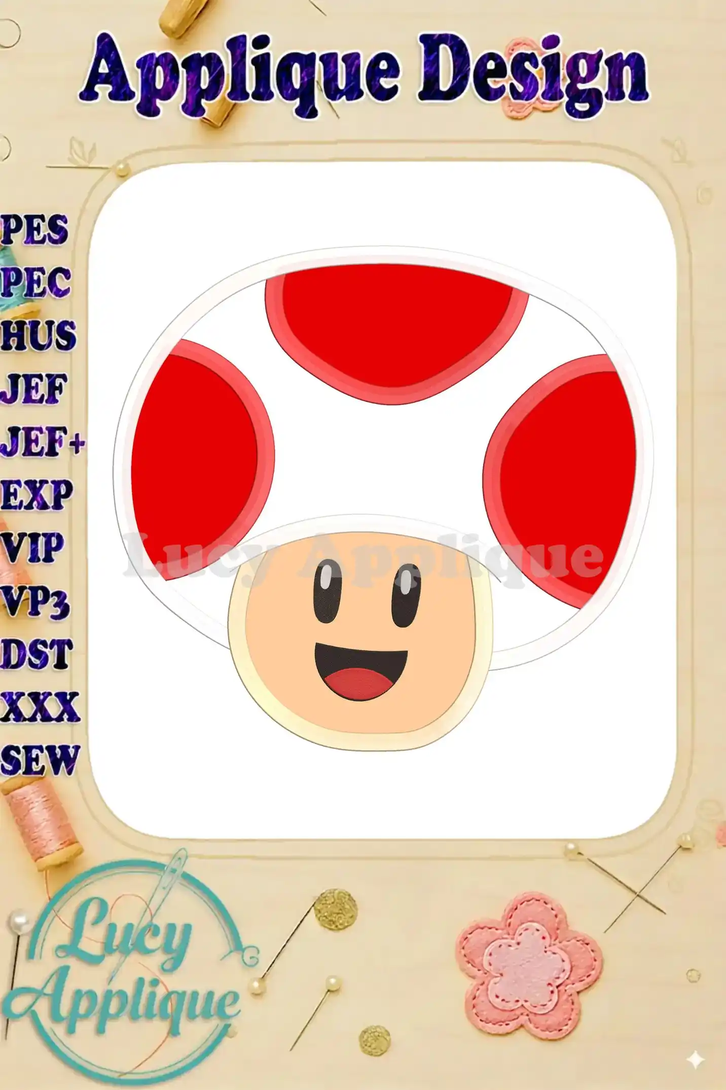 Applique design of Super Mario's Toad, showcasing a cheerful mushroom character with a red cap and white spots. Includes various file formats for embroidery machines.