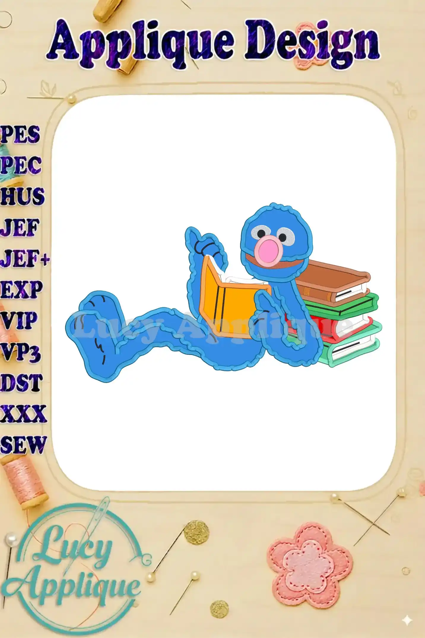Grover from Sesame Street, lounging and reading a book, surrounded by a stack of books. This is a colorful applique design, perfect for embroidery projects.