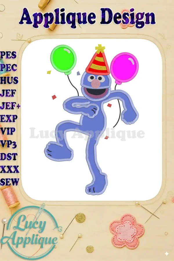 Grover Sesame Street Birthday Applique Design. A playful illustration of Grover from Sesame Street celebrating his birthday with balloons and a party hat.